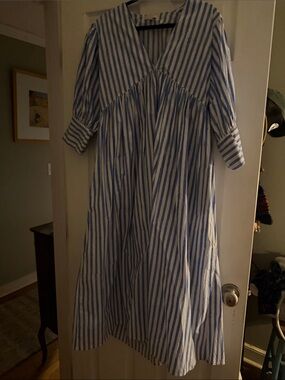Blue and White Striped Maxi Dress - Relaxed V-Neck